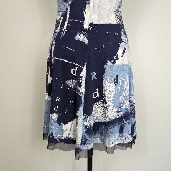 Graphic Print Mini Dress 4 Blue Knit Mesh French T Shirt Flare Blue Luc Fontaine - Picture 8 of 10